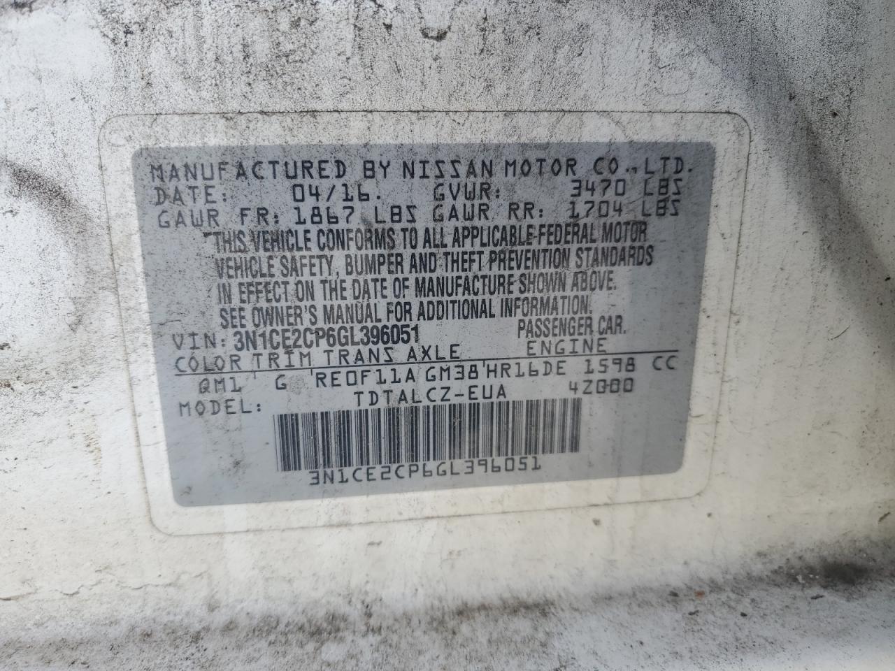 2016 Nissan Versa Note S VIN: 3N1CE2CP6GL396051 Lot: 56956075