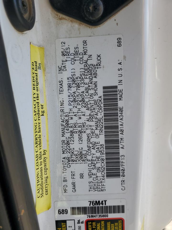 2012 Toyota Tacoma Access Cab VIN: 5TFTX4CN2CX019538 Lot: 57166765