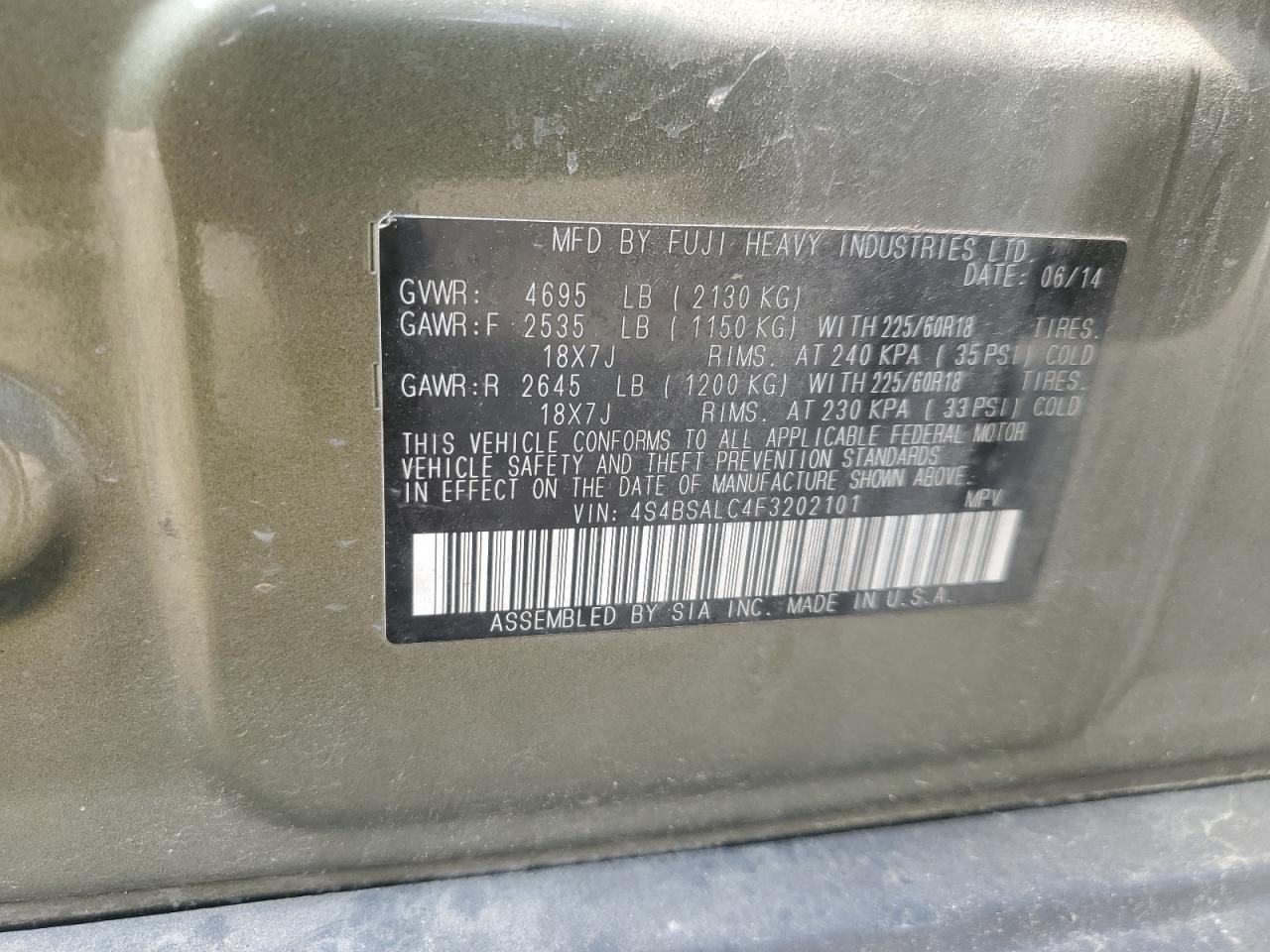 2015 Subaru Outback 2.5I Limited VIN: 4S4BSALC4F3202101 Lot: 57176715