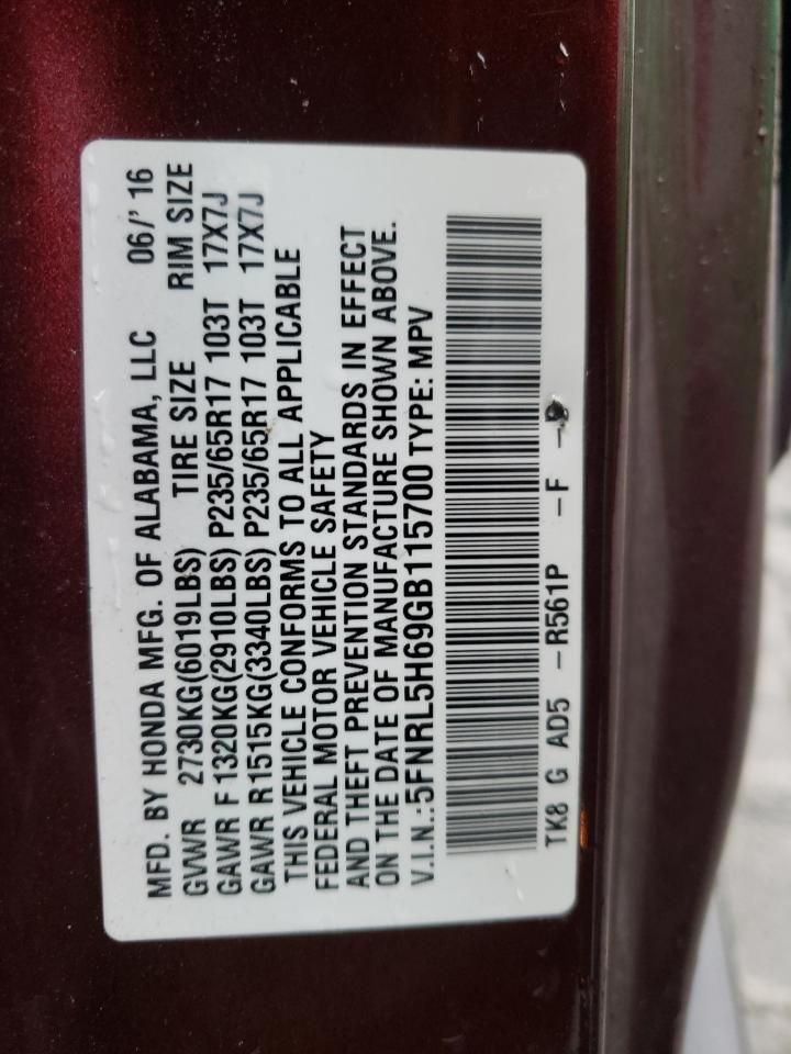 2016 Honda Odyssey Exl VIN: 5FNRL5H69GB115700 Lot: 56383265