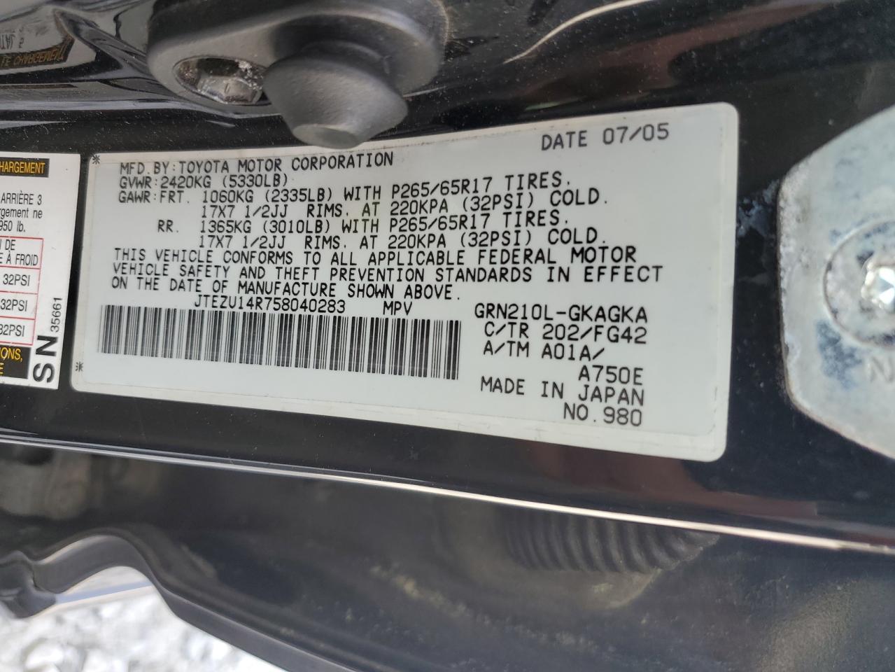2005 Toyota 4Runner Sr5 VIN: JTEZU14R758040283 Lot: 56566675