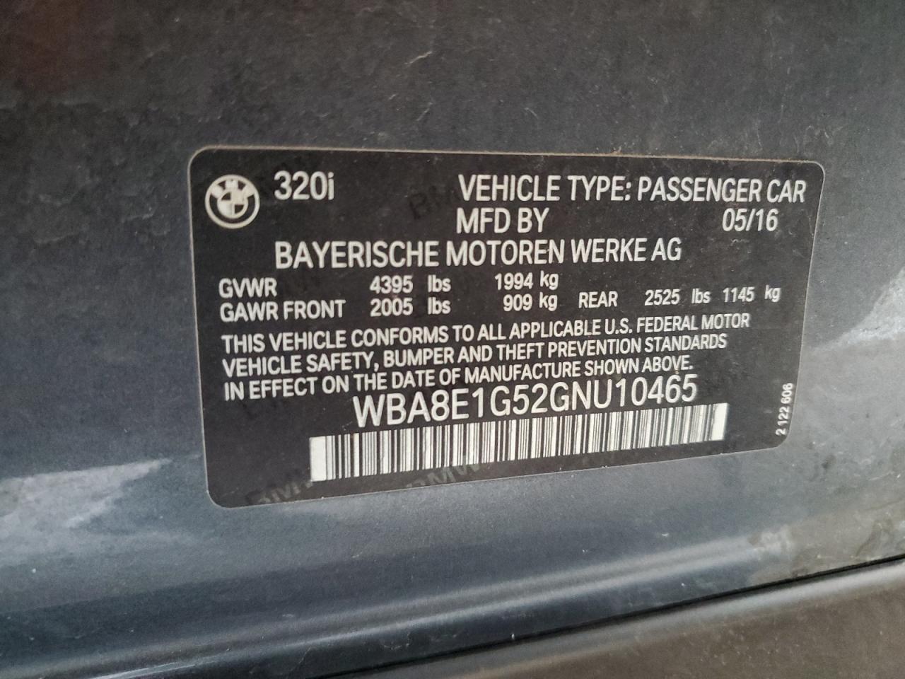2016 BMW 320 I VIN: WBA8E1G52GNU10465 Lot: 56746935