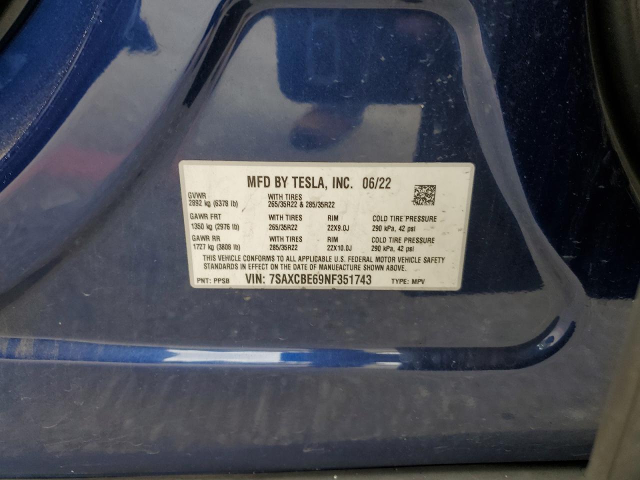 2022 Tesla Model X VIN: 7SAXCBE69NF351743 Lot: 56903975