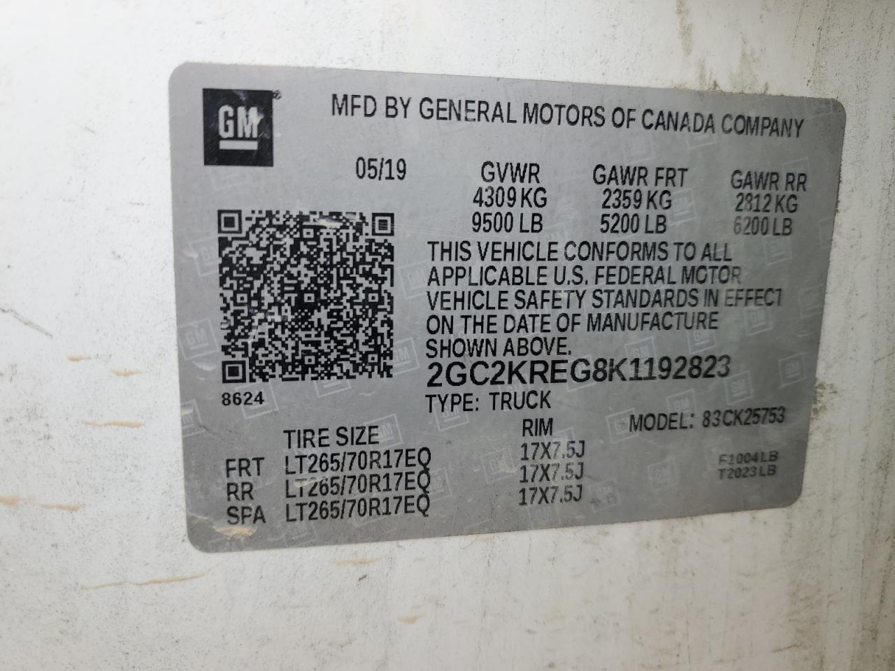 2019 Chevrolet Silverado K2500 Heavy Duty VIN: 2GC2KREG8K1192823 Lot: 58780595