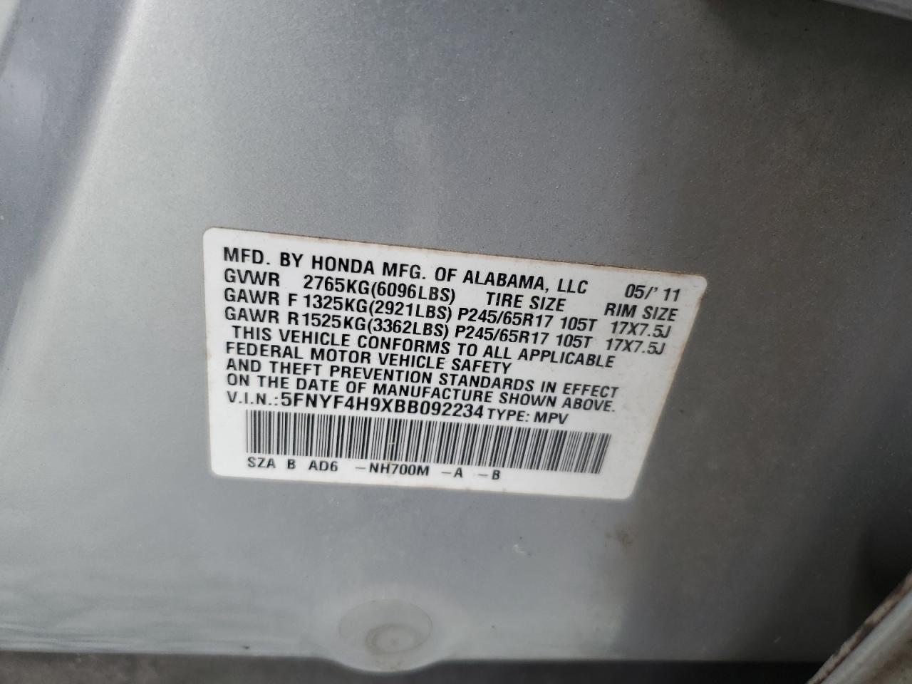 2011 Honda Pilot Touring VIN: 5FNYF4H9XBB092234 Lot: 56739655