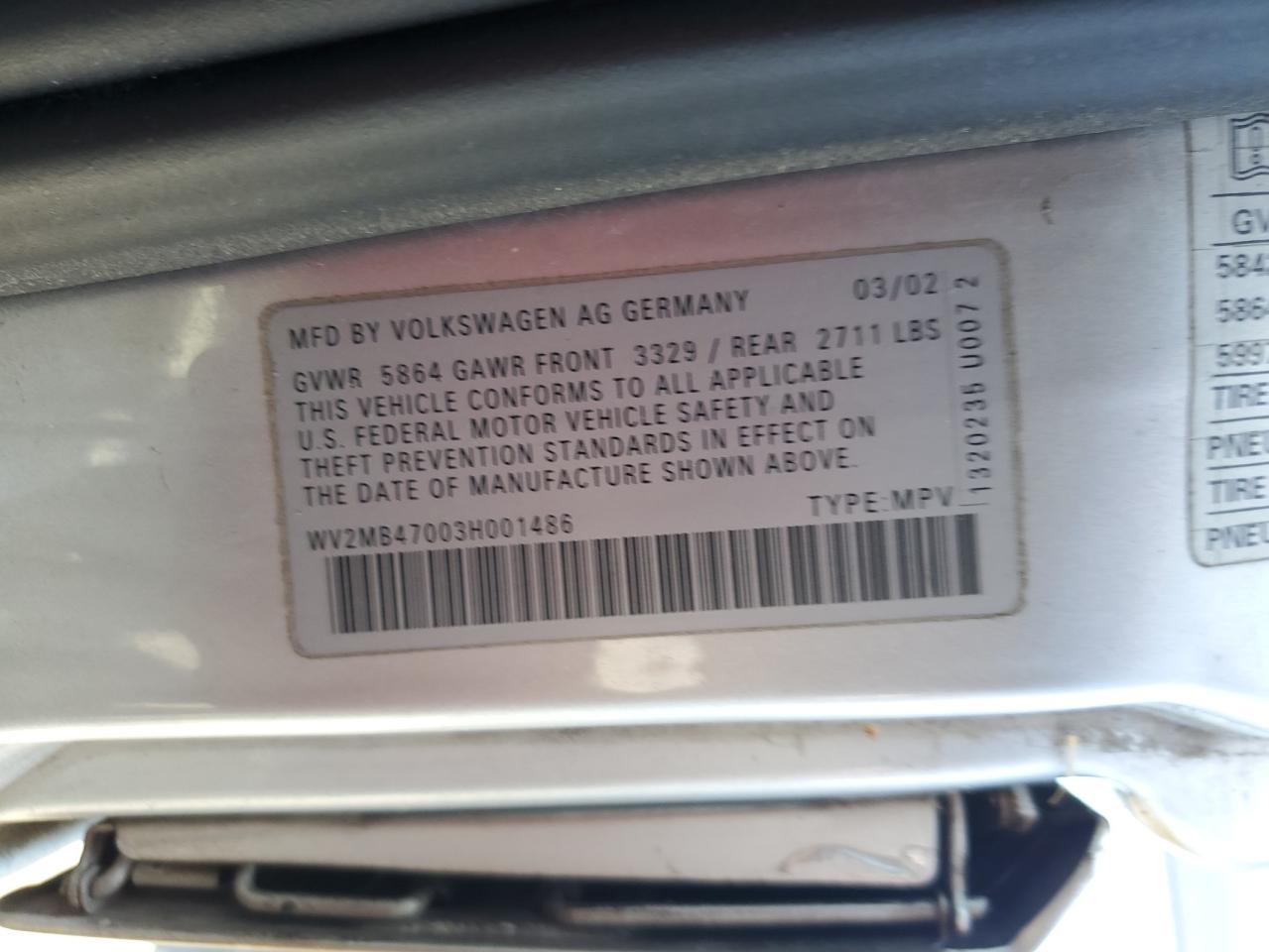 2003 Volkswagen Eurovan Mv VIN: WV2MB47003H001486 Lot: 58000665