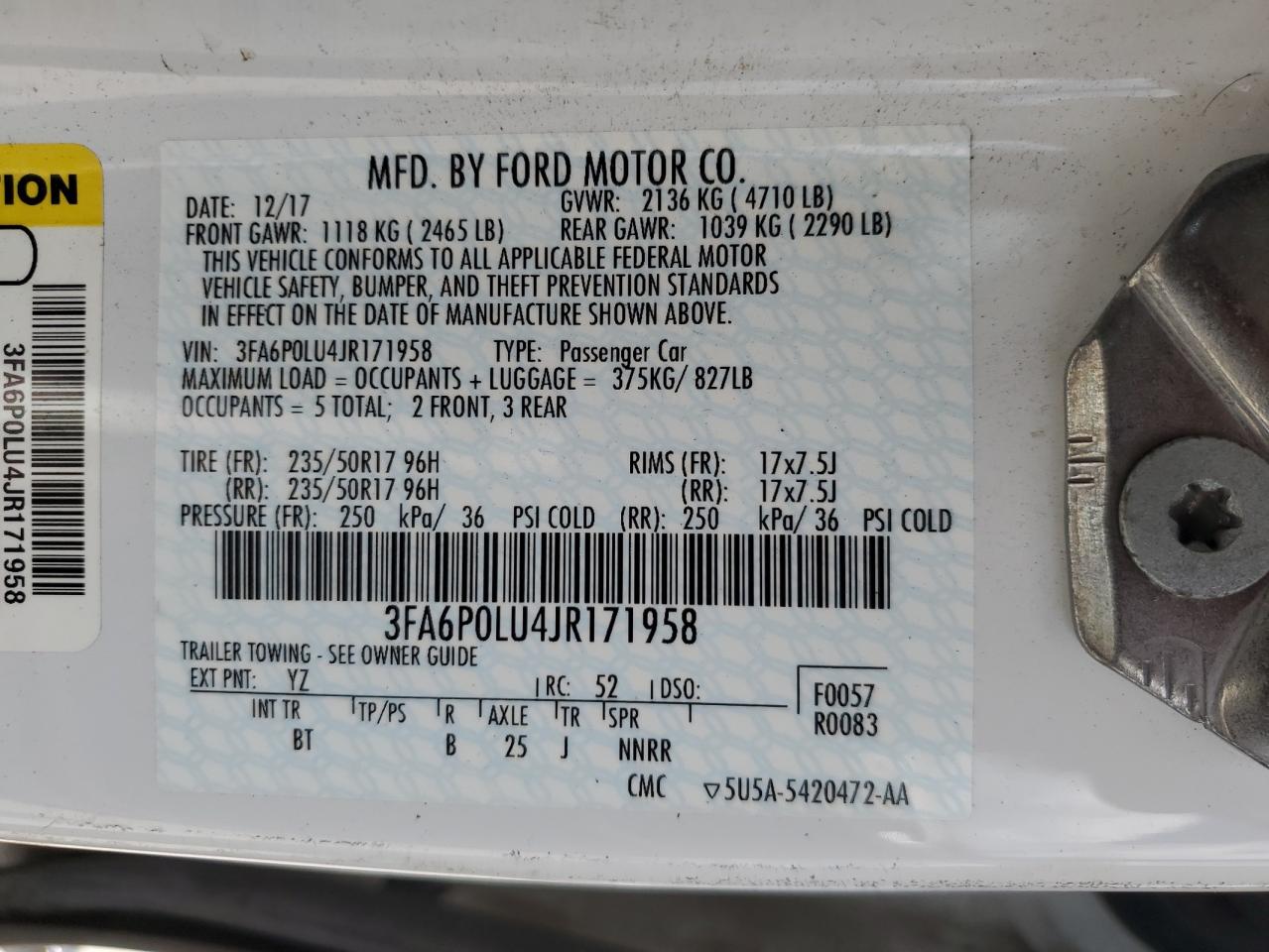 2018 Ford Fusion Se Hybrid VIN: 3FA6P0LU4JR171958 Lot: 54040375