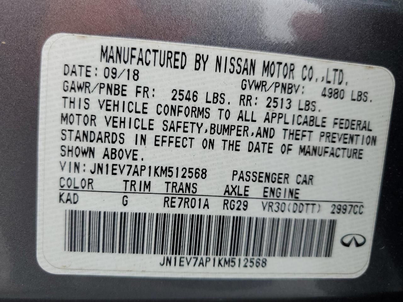 2019 Infiniti Q50 Luxe VIN: JN1EV7AP1KM512568 Lot: 58692975