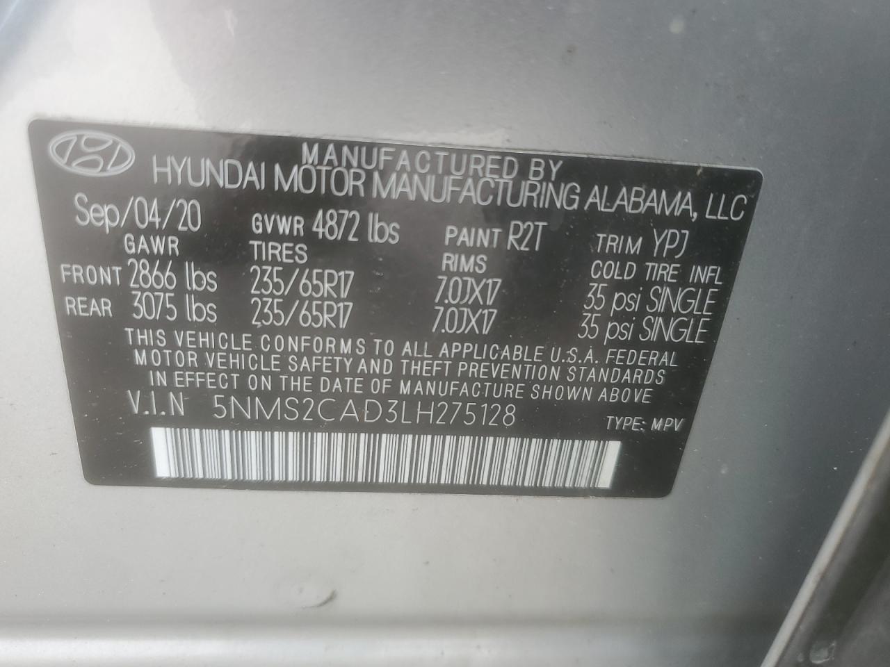 2020 Hyundai Santa Fe Se VIN: 5NMS2CAD3LH275128 Lot: 58137955