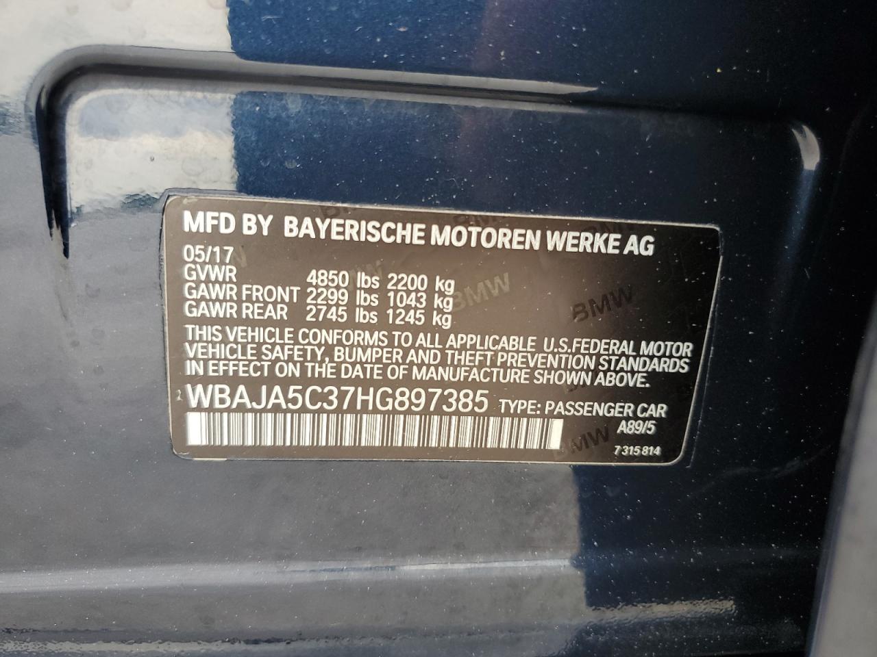 2017 BMW 530 I VIN: WBAJA5C37HG897385 Lot: 57414135