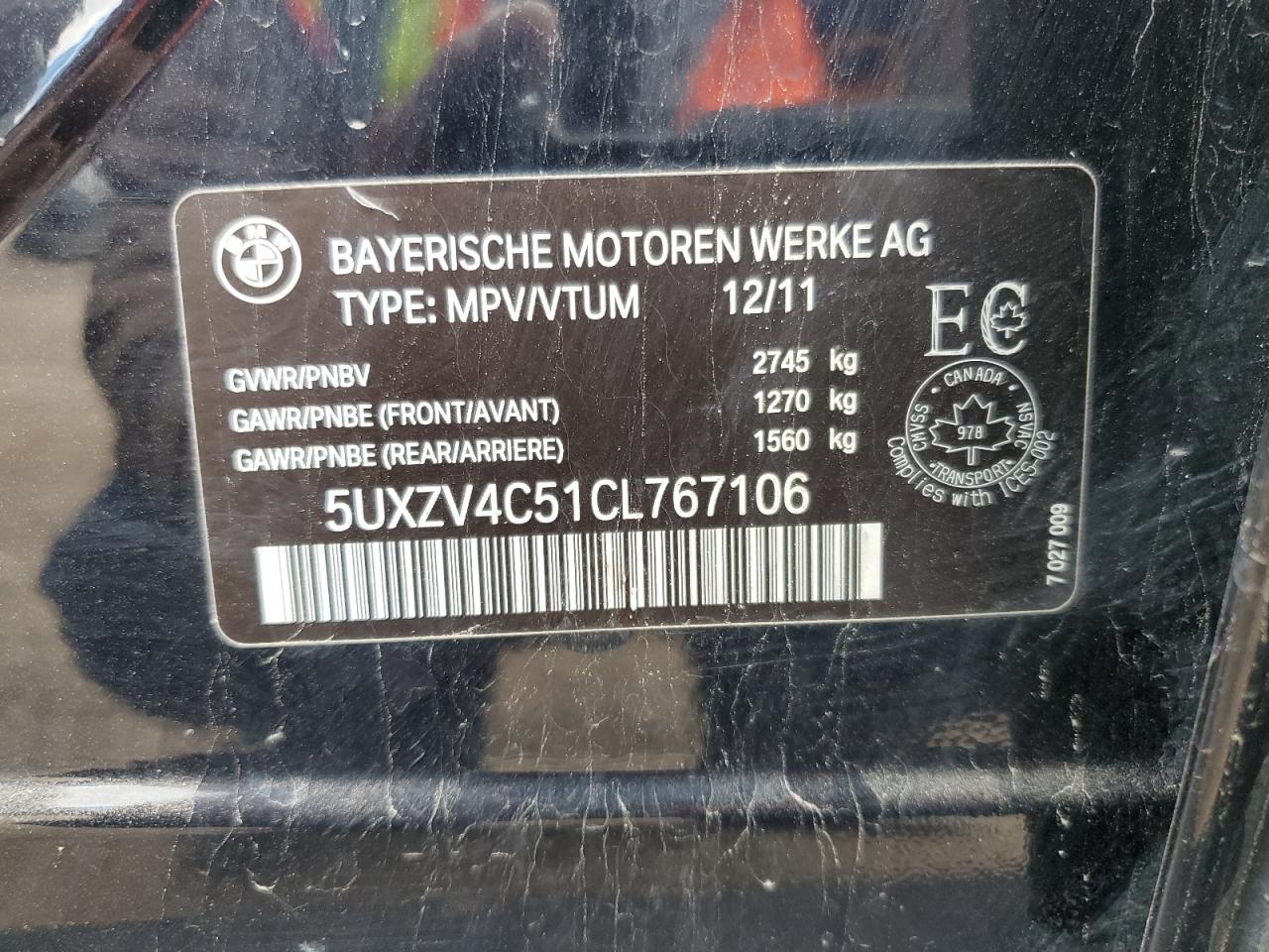 2012 BMW X5 xDrive35I VIN: 5UXZV4C51CL767106 Lot: 57334855