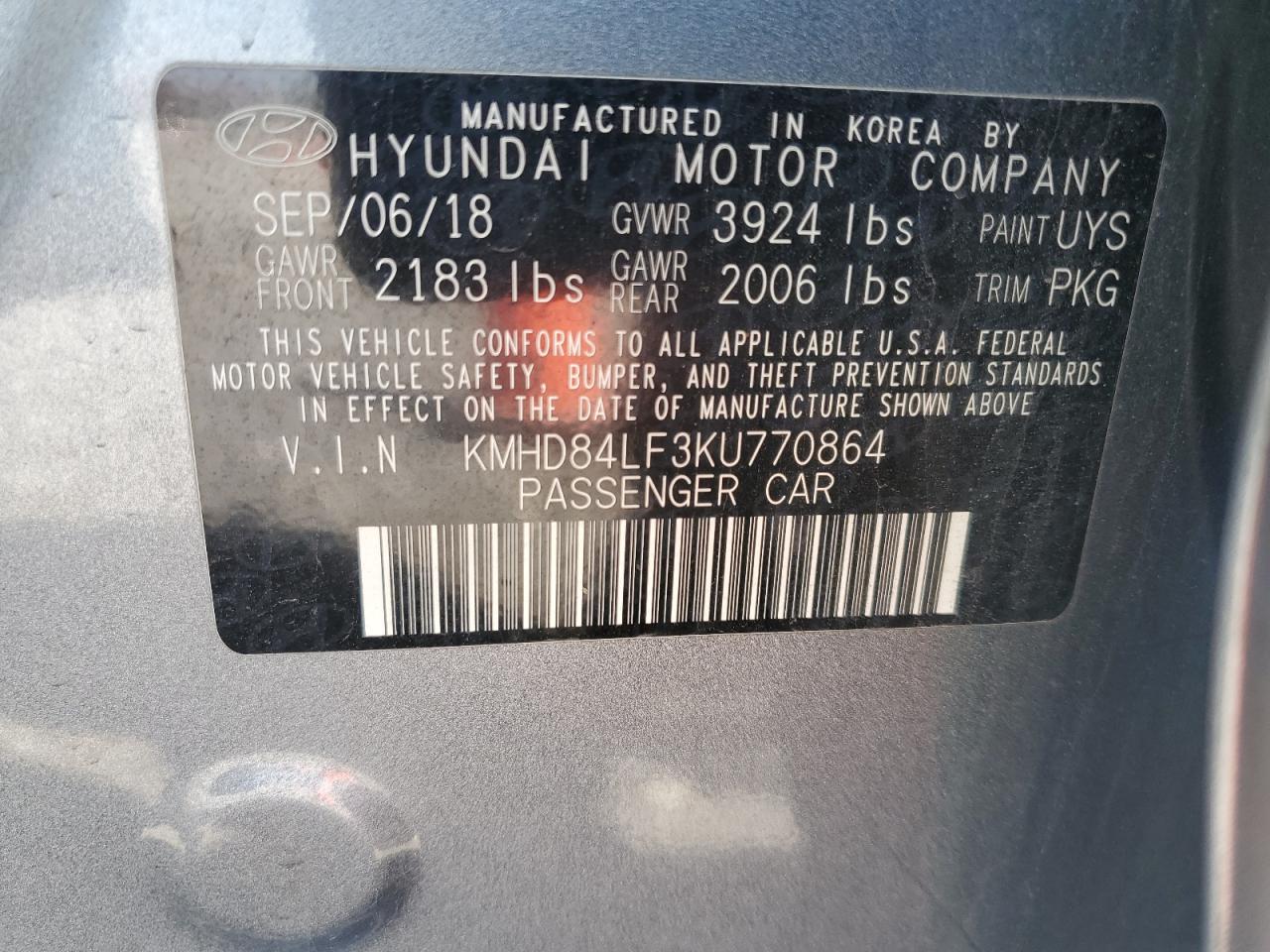 2019 Hyundai Elantra Sel VIN: KMHD84LF3KU770864 Lot: 57021205