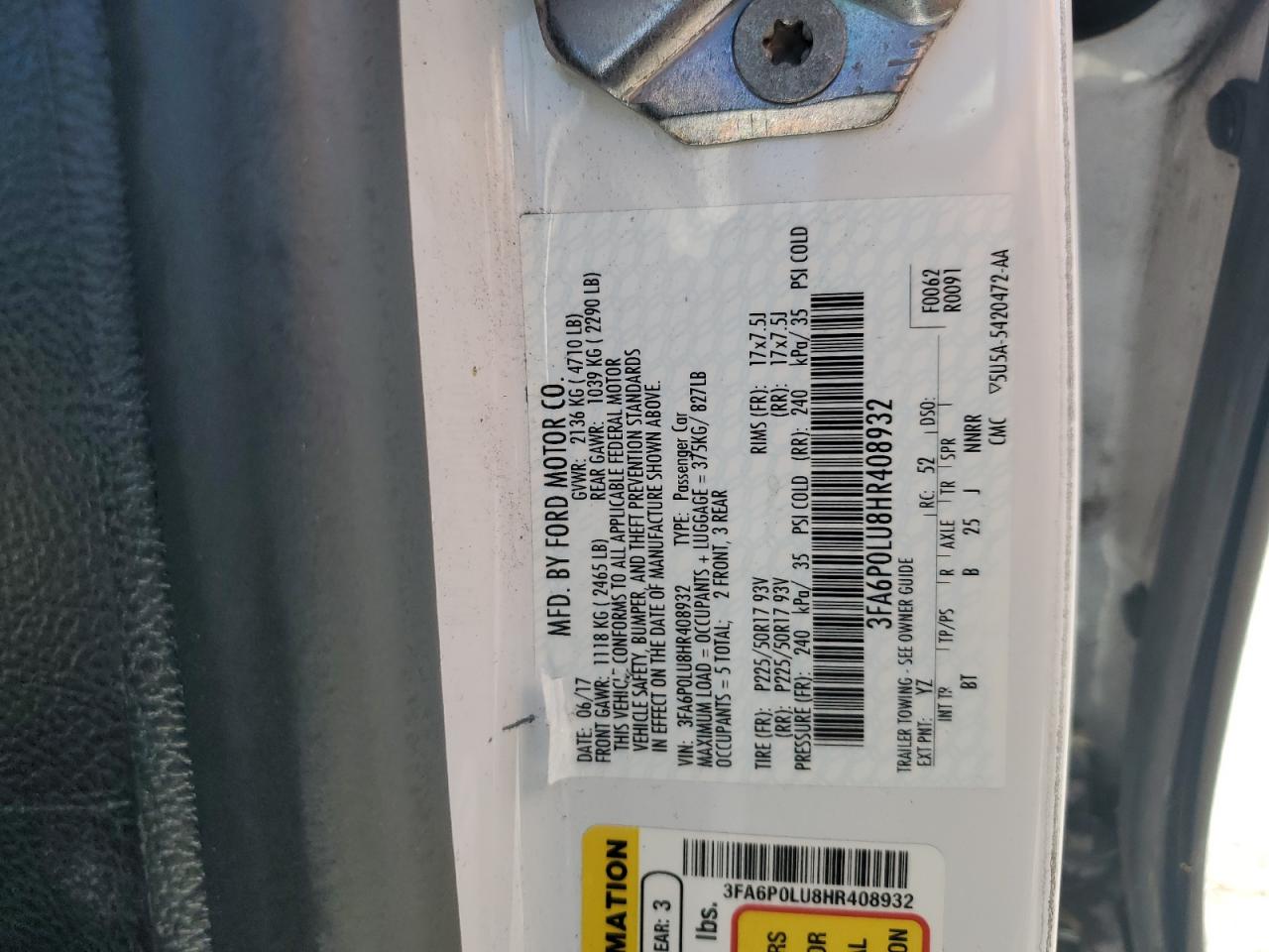 2017 Ford Fusion Se Hybrid VIN: 3FA6P0LU8HR408932 Lot: 54026695