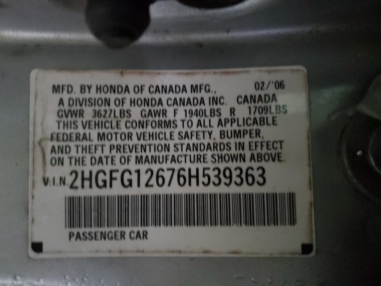 2006 Honda Civic Lx VIN: 2HGFG12676H539363 Lot: 55757415