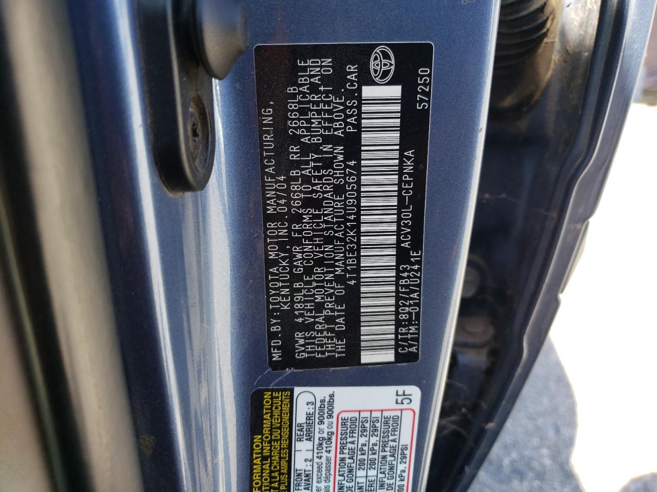 2004 Toyota Camry Le VIN: 4T1BE32K14U905674 Lot: 56989065