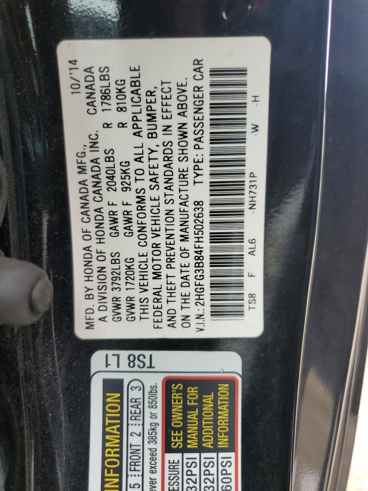 2015 Honda Civic Ex VIN: 2HGFG3B84FH502638 Lot: 58804035