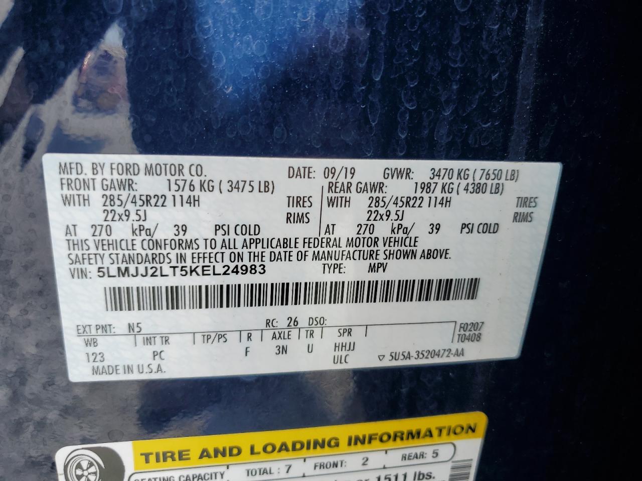 2019 Lincoln Navigator Reserve VIN: 5LMJJ2LT5KEL24983 Lot: 55851575