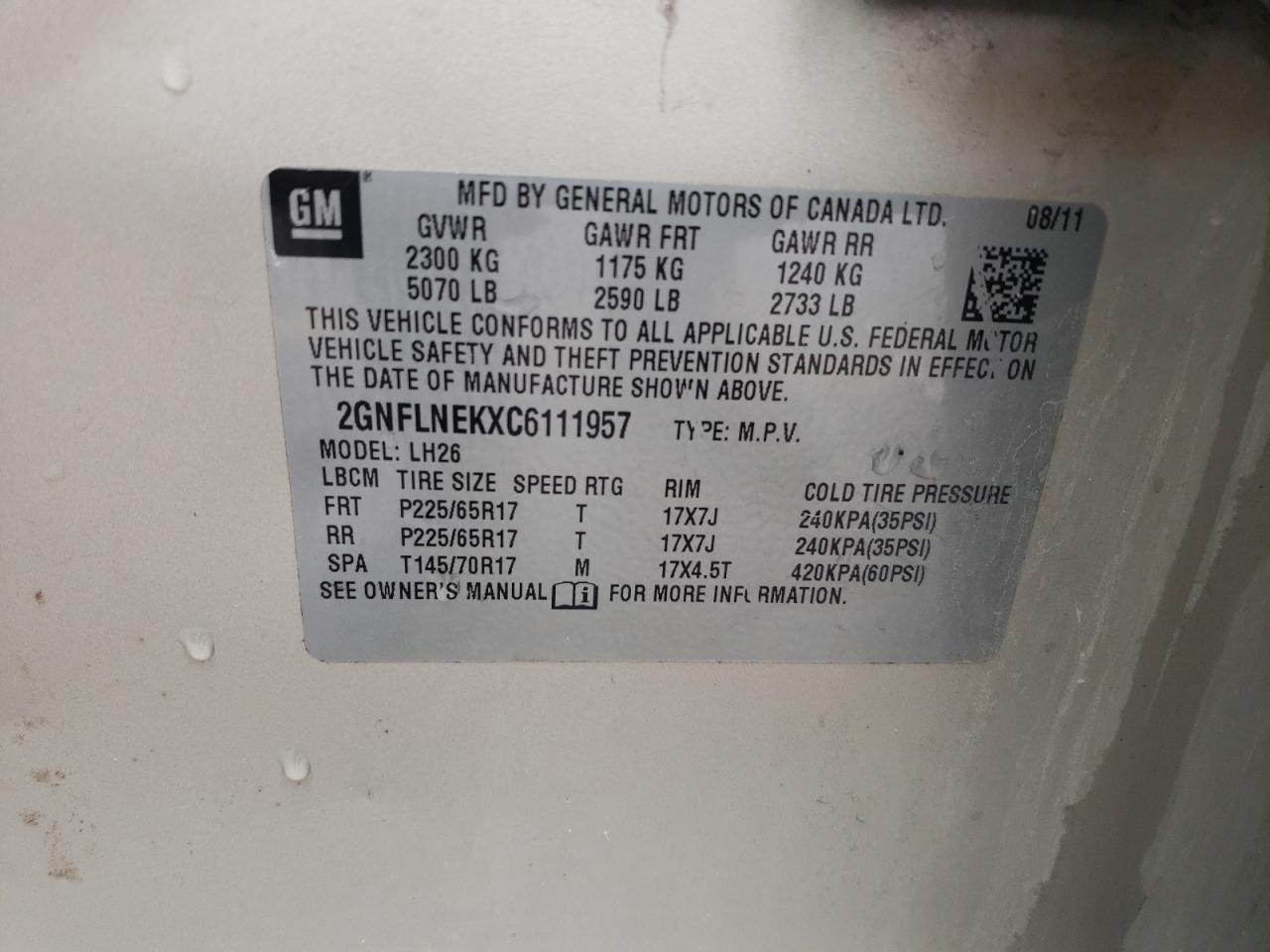 2012 Chevrolet Equinox Lt VIN: 2GNFLNEKXC6111957 Lot: 57354935