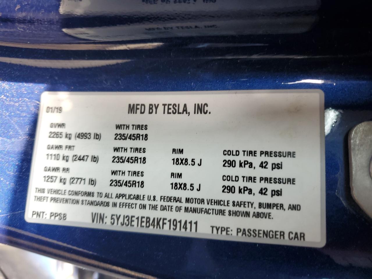 2019 Tesla Model 3 VIN: 5YJ3E1EB4KF191411 Lot: 57305895