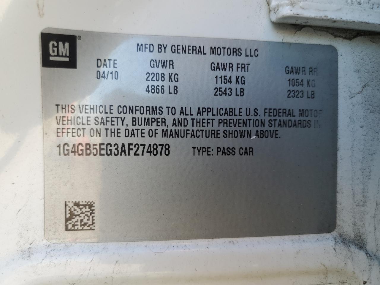 2010 Buick Lacrosse Cx VIN: 1G4GB5EG3AF274878 Lot: 55781795