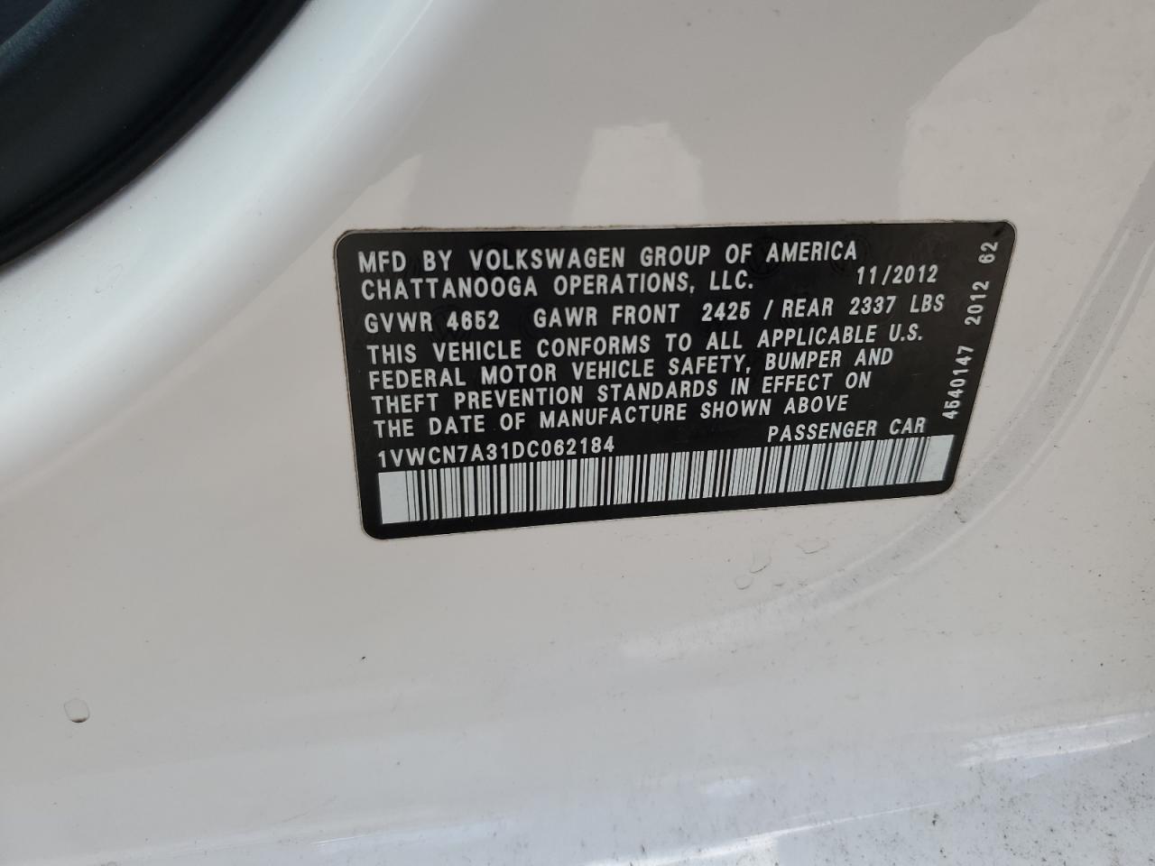 2013 Volkswagen Passat Sel VIN: 1VWCN7A31DC062184 Lot: 57056755