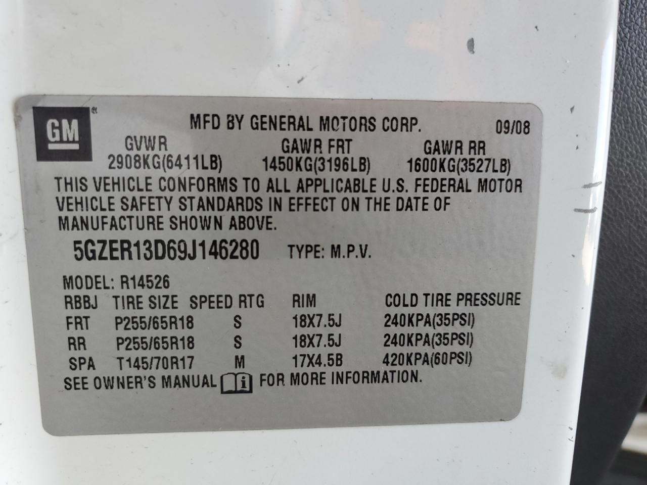 2009 Saturn Outlook Xe VIN: 5GZER13D69J146280 Lot: 54627755