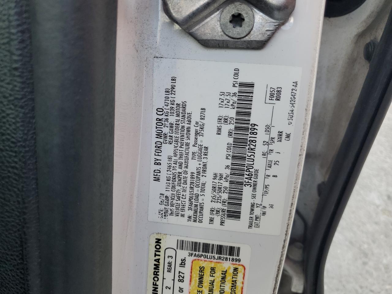 2018 Ford Fusion Se Hybrid VIN: 3FA6P0LU5JR281899 Lot: 54033885