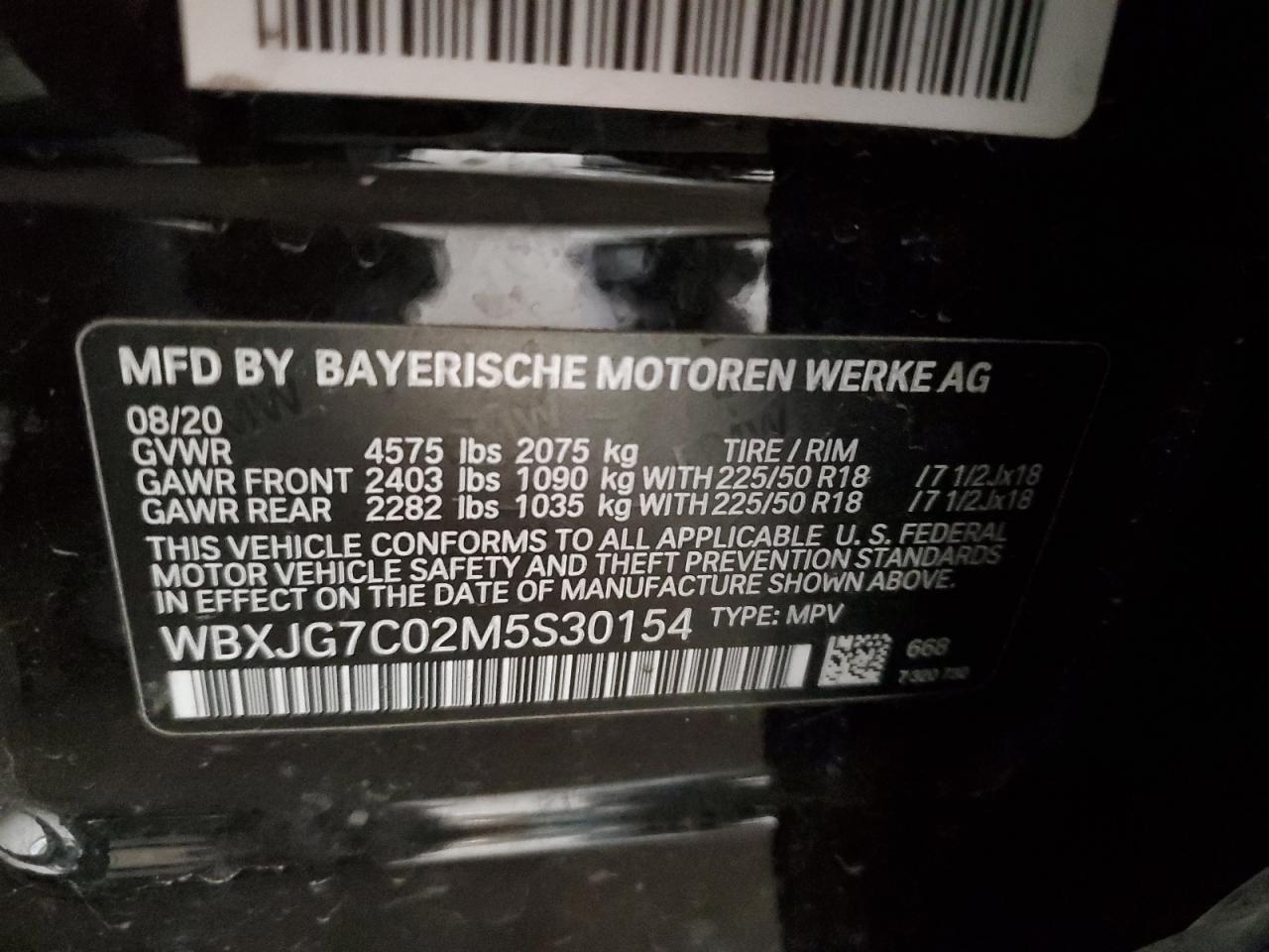 2021 BMW X1 Sdrive28I VIN: WBXJG7C02M5S30154 Lot: 56076565