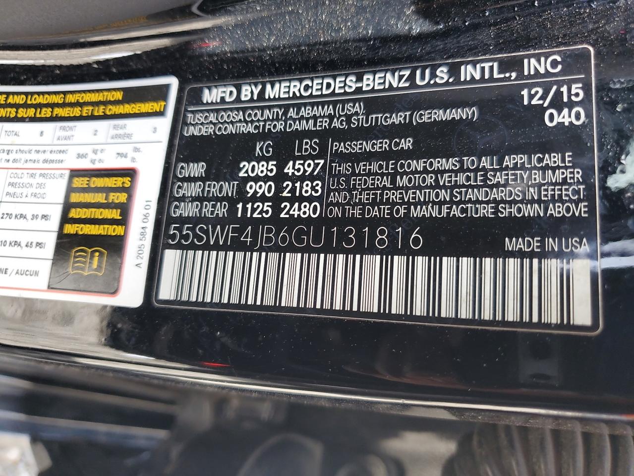 2016 Mercedes-Benz C 300 VIN: 55SWF4JB6GU131816 Lot: 57055565