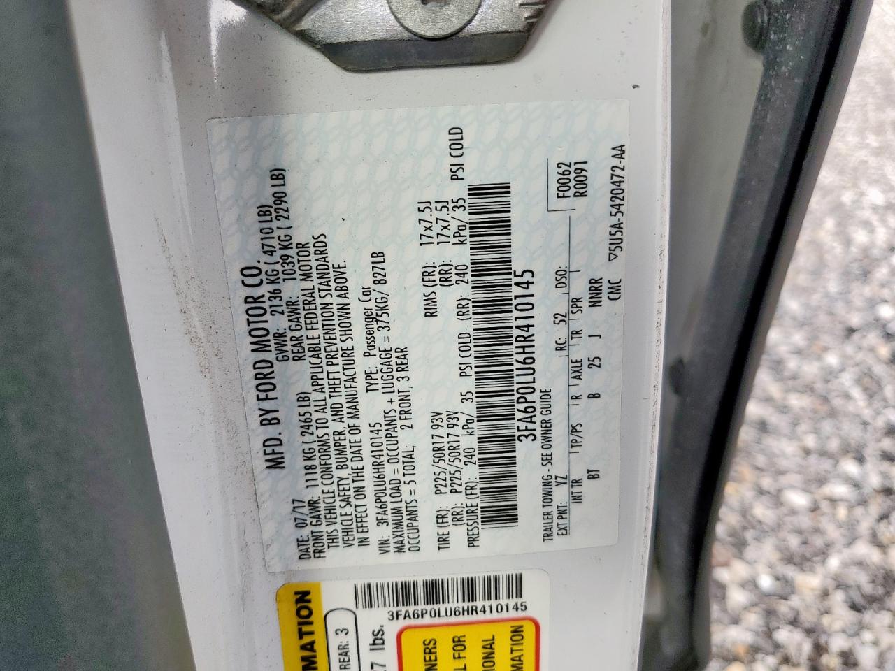 2017 Ford Fusion Se Hybrid VIN: 3FA6P0LU6HR410145 Lot: 54037795