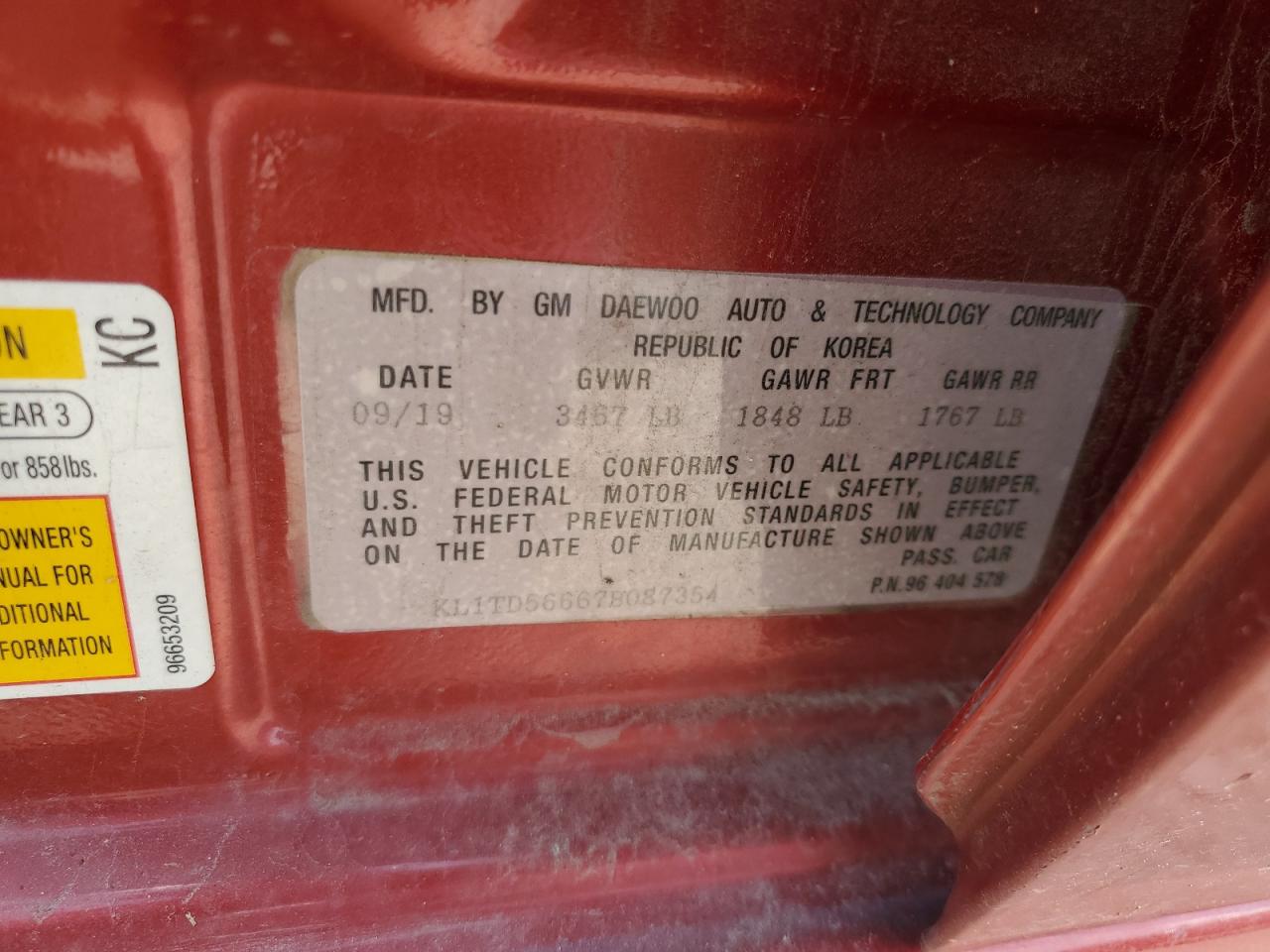 2007 Chevrolet Aveo Base VIN: KL1TD56667B087354 Lot: 57760435