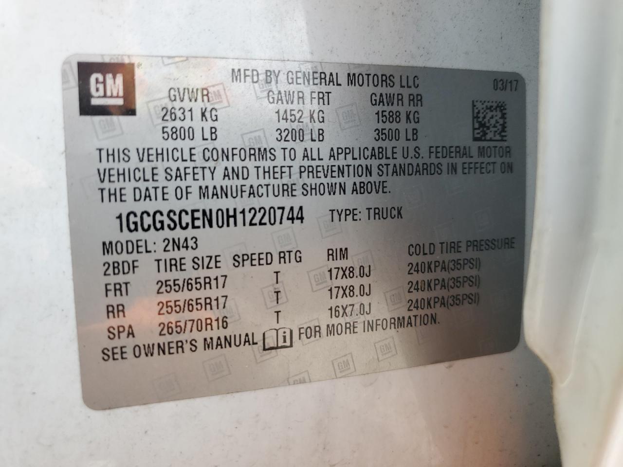 2017 Chevrolet Colorado Lt VIN: 1GCGSCEN0H1220744 Lot: 51233735