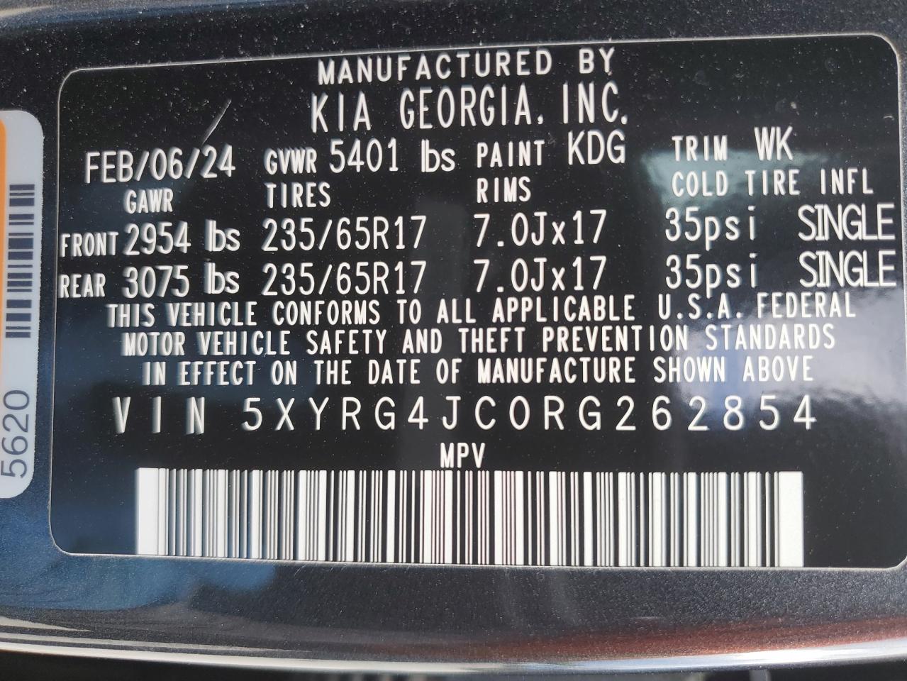 2024 Kia Sorento Lx VIN: 5XYRG4JC0RG262854 Lot: 56780985