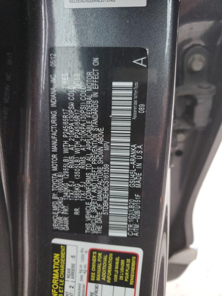 2012 Toyota Highlander Base VIN: 5TDBK3EH8CS161359 Lot: 57049555