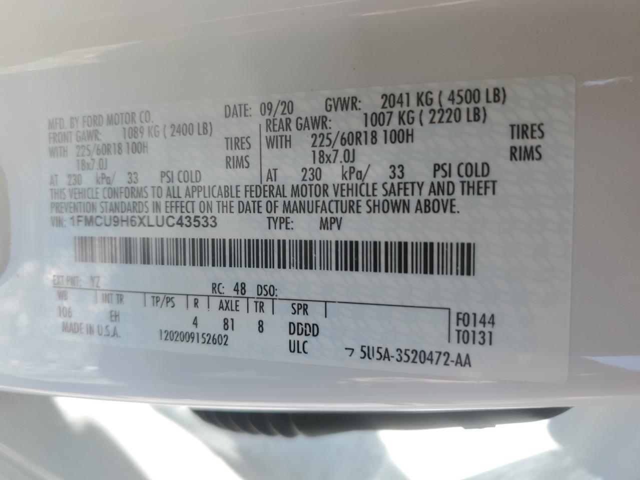 2020 Ford Escape Sel VIN: 1FMCU9H6XLUC43533 Lot: 56216625