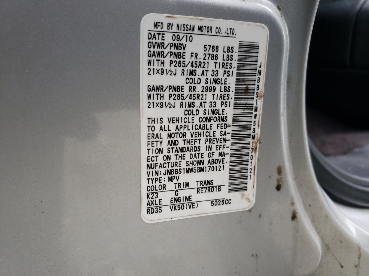 2011 Infiniti Fx50 VIN: JN8BS1MW5BM170121 Lot: 55664385