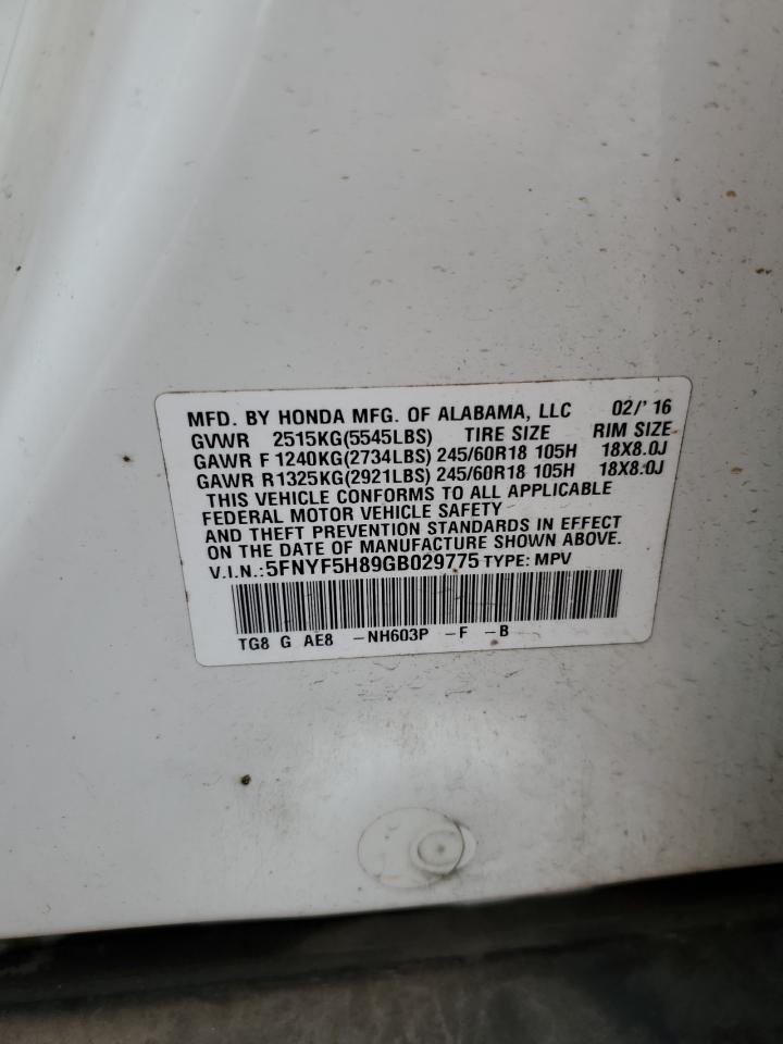 2016 Honda Pilot Exl VIN: 5FNYF5H89GB029775 Lot: 56941365
