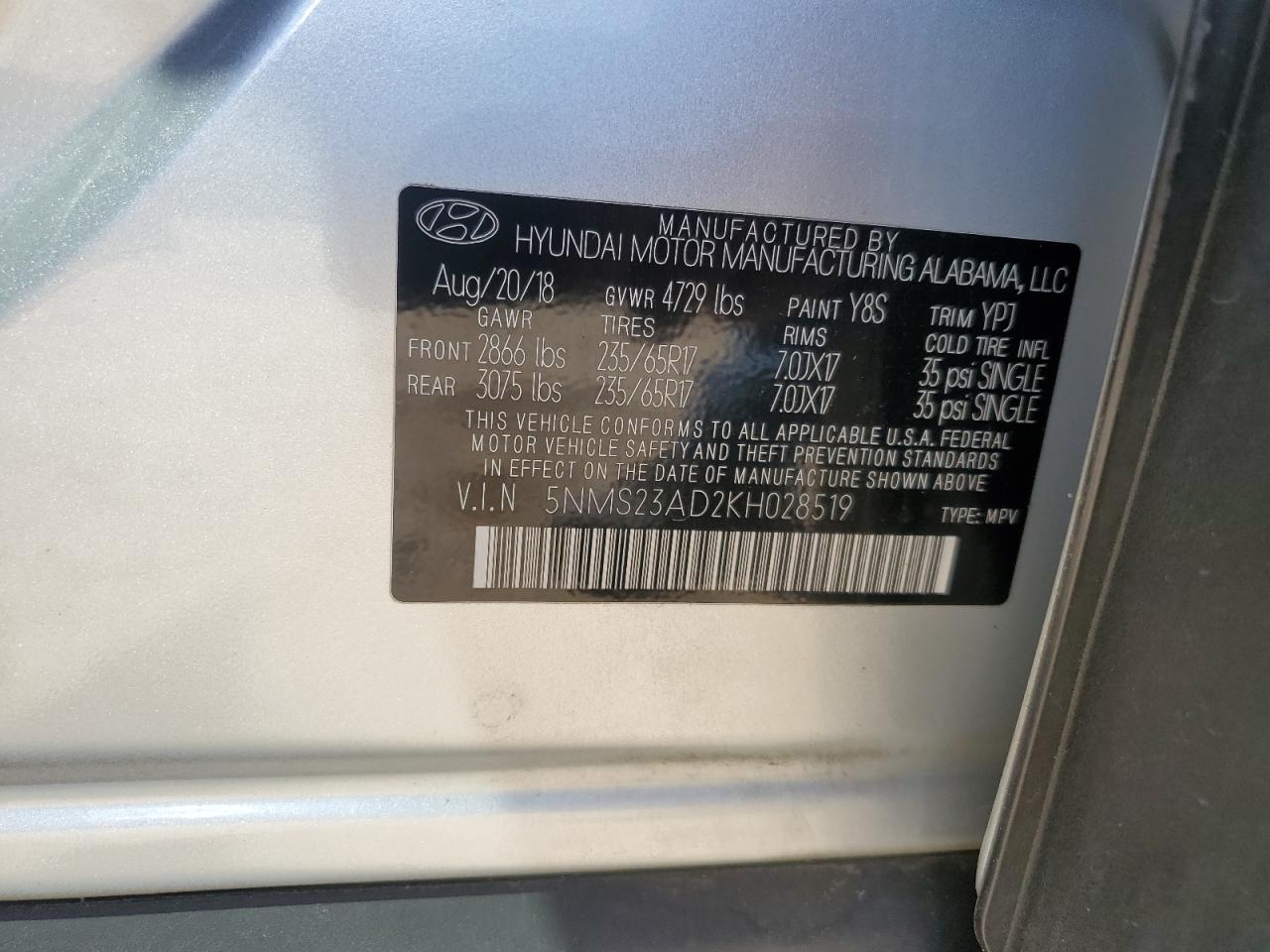 2019 Hyundai Santa Fe Se VIN: 5NMS23AD2KH028519 Lot: 56064655