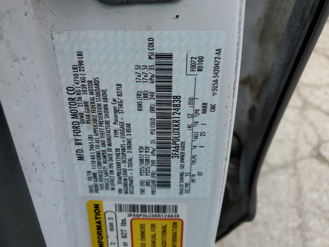 2019 Ford Fusion Se VIN: 3FA6P0LUXKR124838 Lot: 54030065