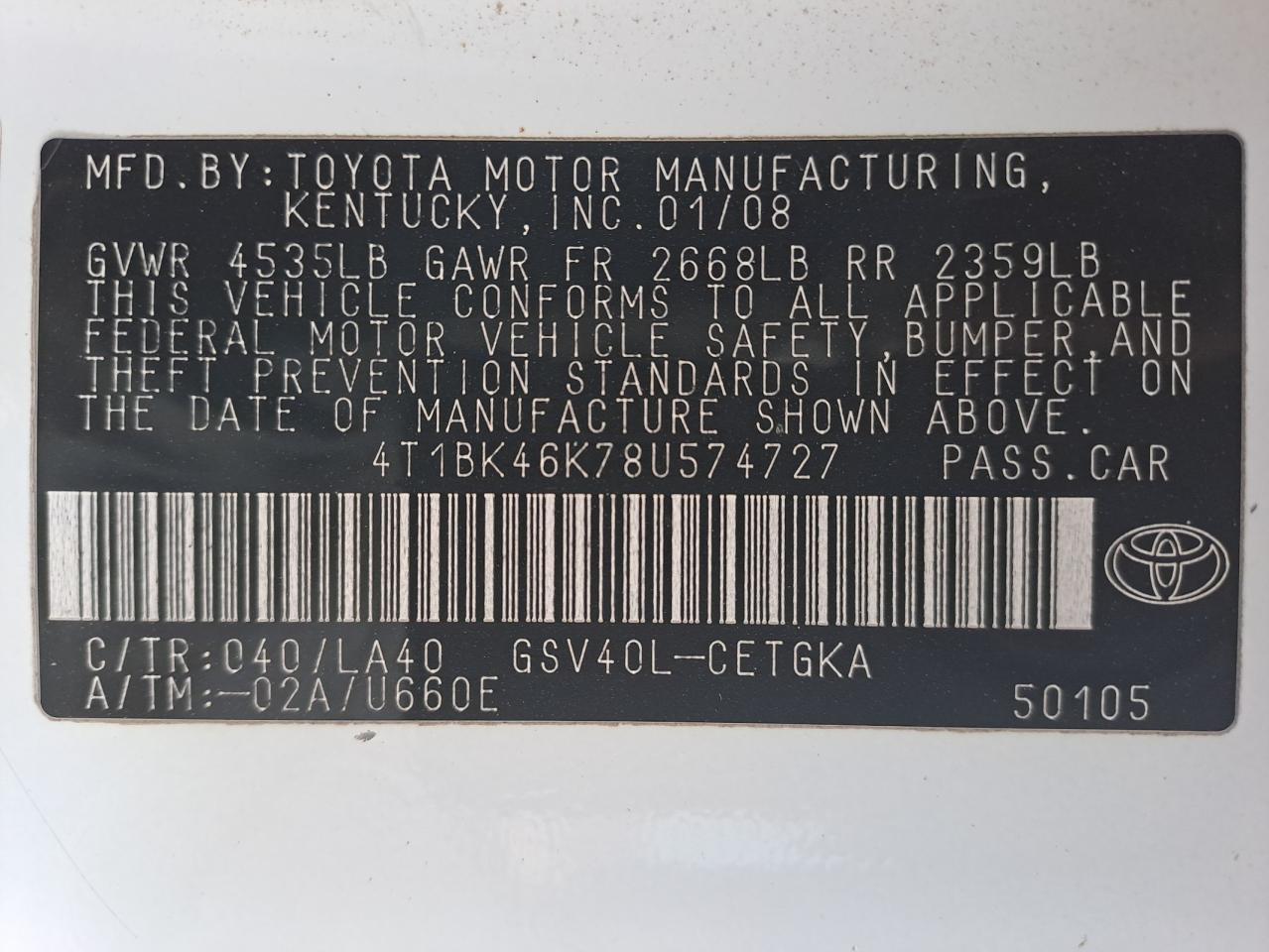 4T1BK46K78U574727 - 2001 Toyota Camry - #58277455