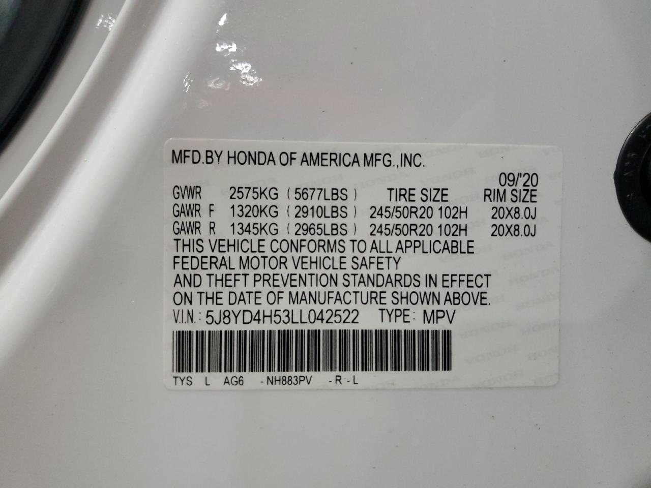 2020 Acura Mdx Technology VIN: 5J8YD4H53LL042522 Lot: 56866565