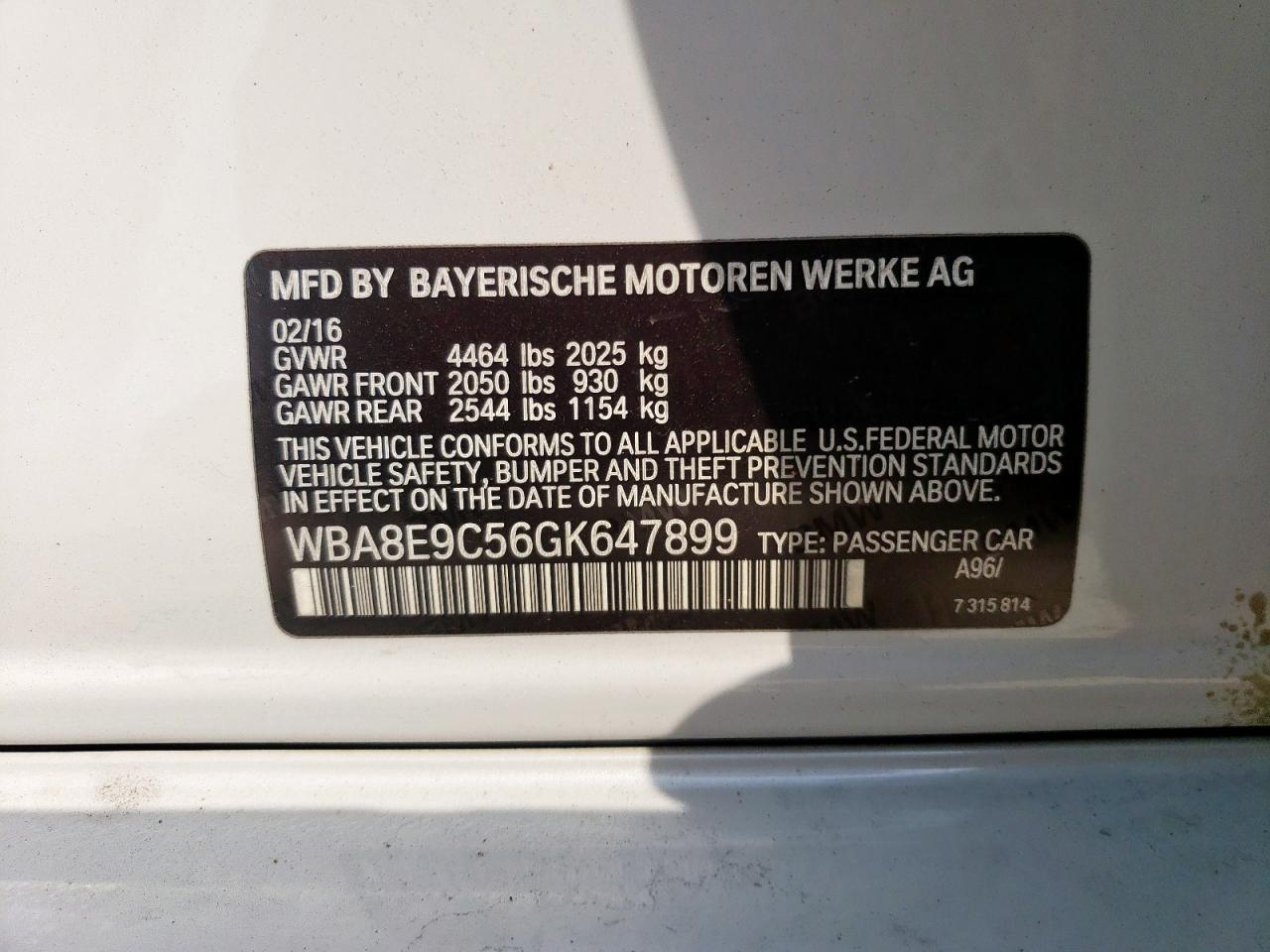 2016 BMW 328 I Sulev VIN: WBA8E9C56GK647899 Lot: 57431625