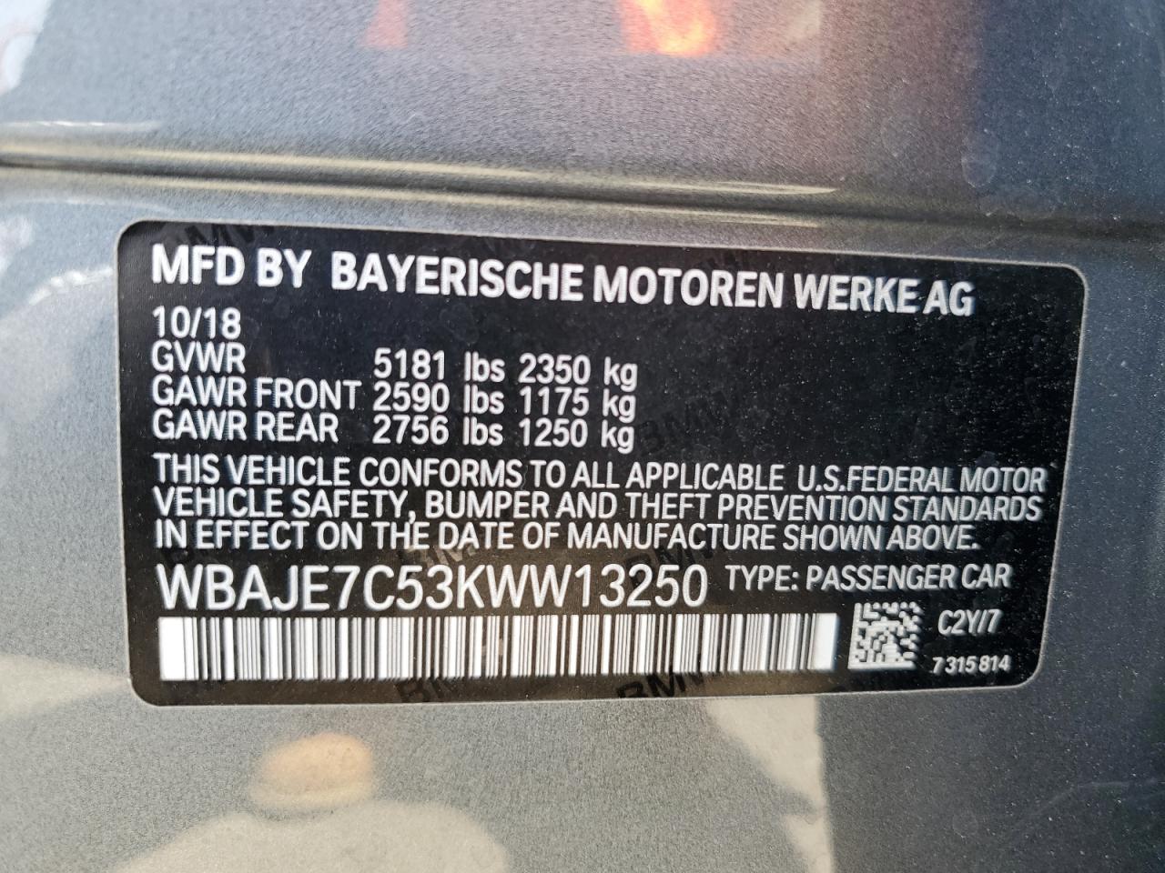 2019 BMW 540 Xi VIN: WBAJE7C53KWW13250 Lot: 57136405