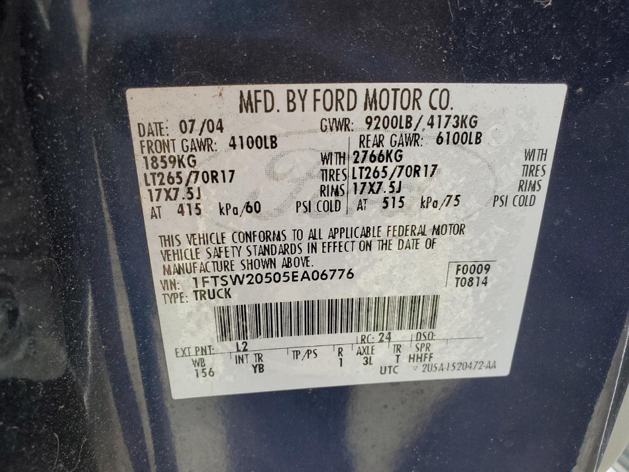2005 Ford F250 Super Duty VIN: 1FTSW20505EA06776 Lot: 56748365