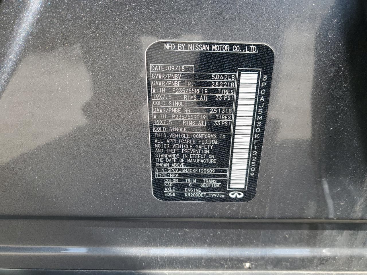 2019 Infiniti Qx50 Essential VIN: 3PCAJ5M30KF122509 Lot: 57889895