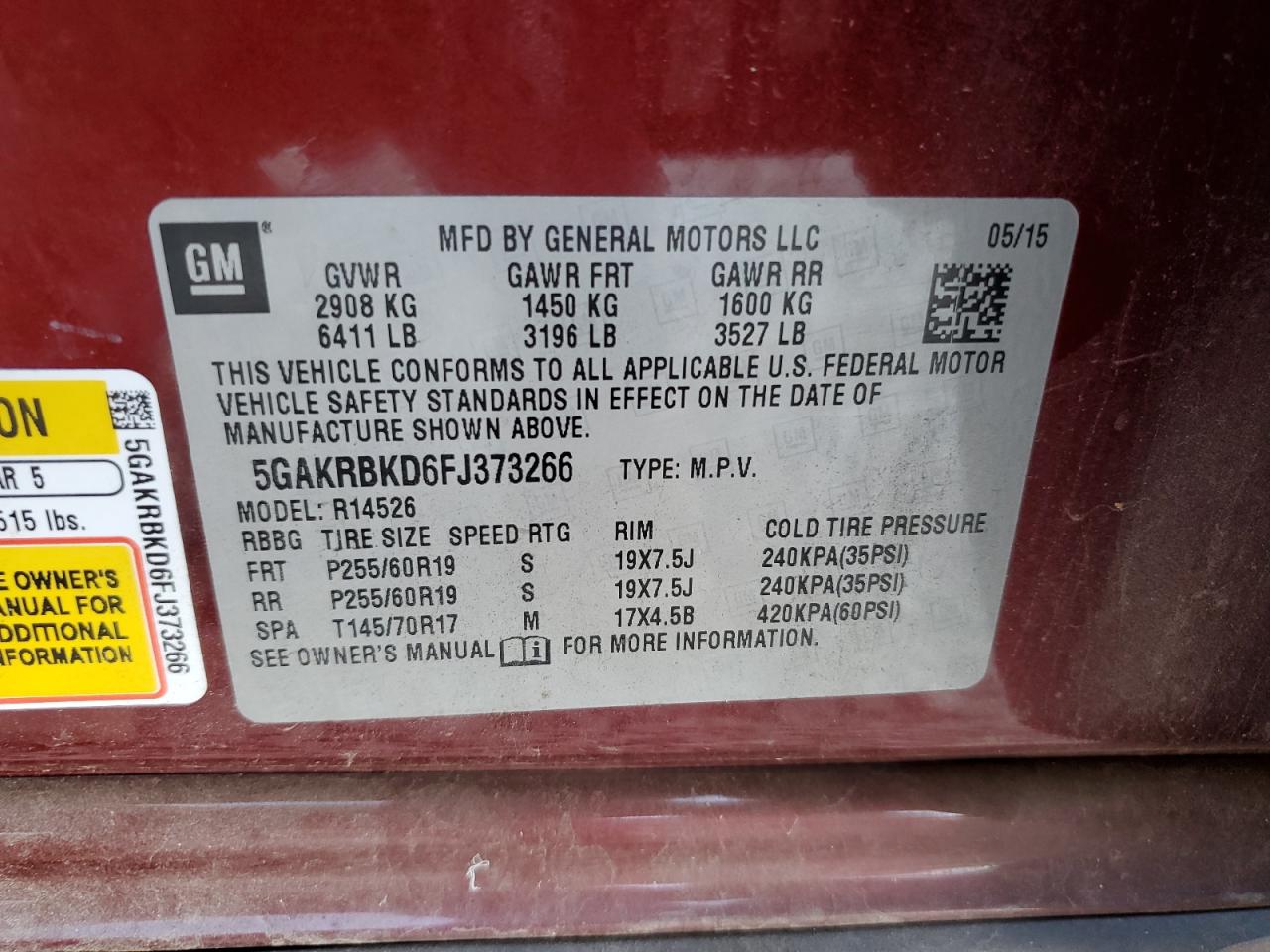 2015 Buick Enclave VIN: 5GAKRBKD6FJ373266 Lot: 58910975