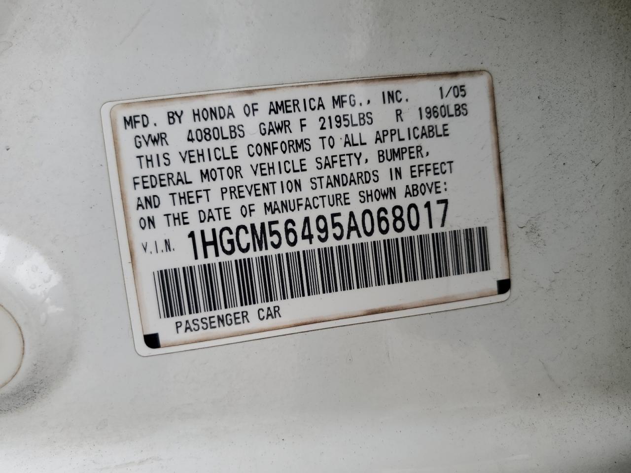 2005 Honda Accord Lx VIN: 1HGCM56495A068017 Lot: 55467495