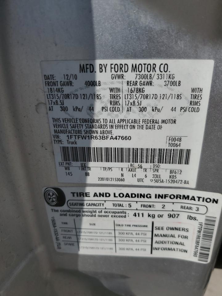 2011 Ford F150 Svt Raptor VIN: 1FTFW1R63BFA47660 Lot: 56239555