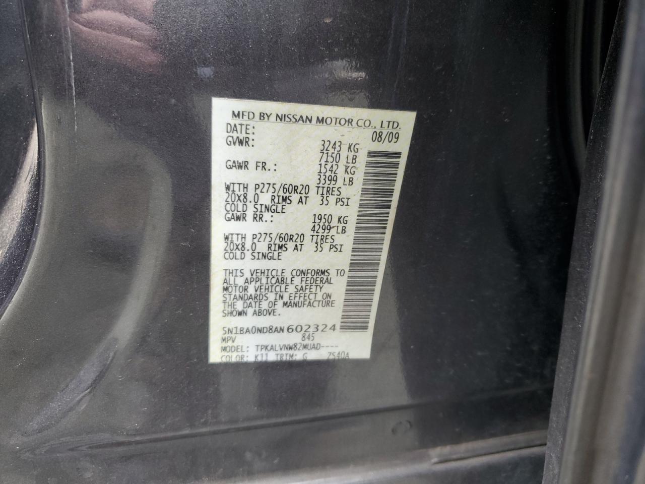 2010 Nissan Armada Se VIN: 5N1BA0ND8AN602324 Lot: 58396825