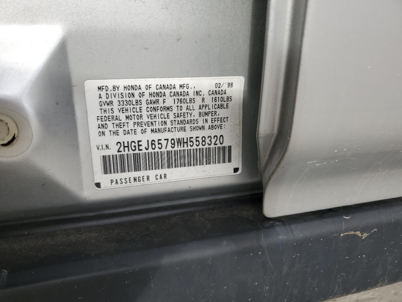 1998 Honda Civic Lx VIN: 2HGEJ6579WH558320 Lot: 55529535